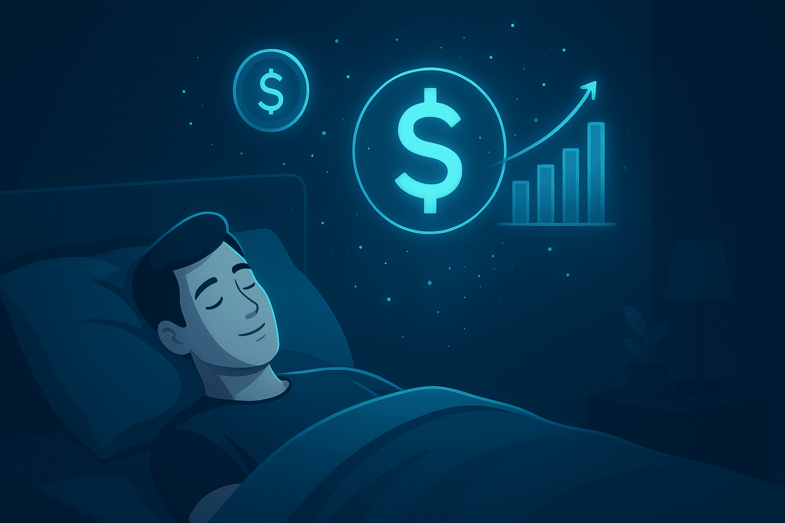 A person sleeping peacefully while digital dollar signs and graphs float above — symbolizing passive income in 2025.